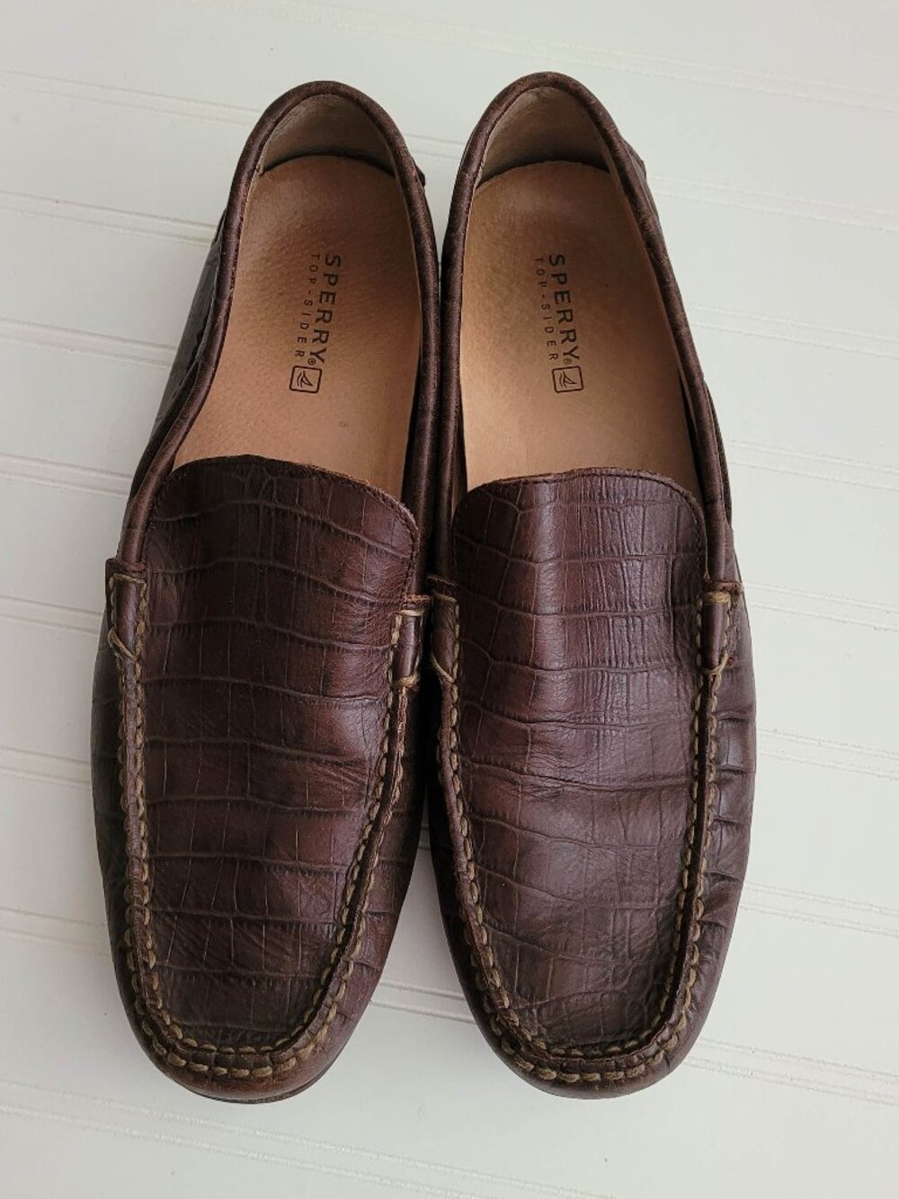 Sperry Driving Loafers Mens Size 11.5 Brown Croc Embossed Leather Slip On